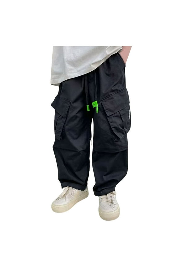 Boys Cargo Pants Kids Joggers Youth Hiking Pants Elastic Waist Cotton Solid Color Jogging Sweatpants Pants,Z5-Black,160(8-9 Years)