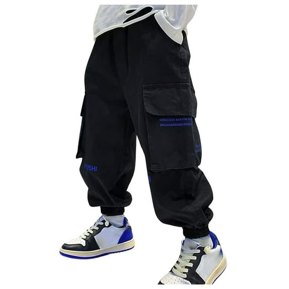 Boys Cargo Pants Kids Joggers Youth Hiking Pants Elastic Waist Cotton Solid Color Jogging Sweatpants Pants,Z7-Black,150(8-9 Years)