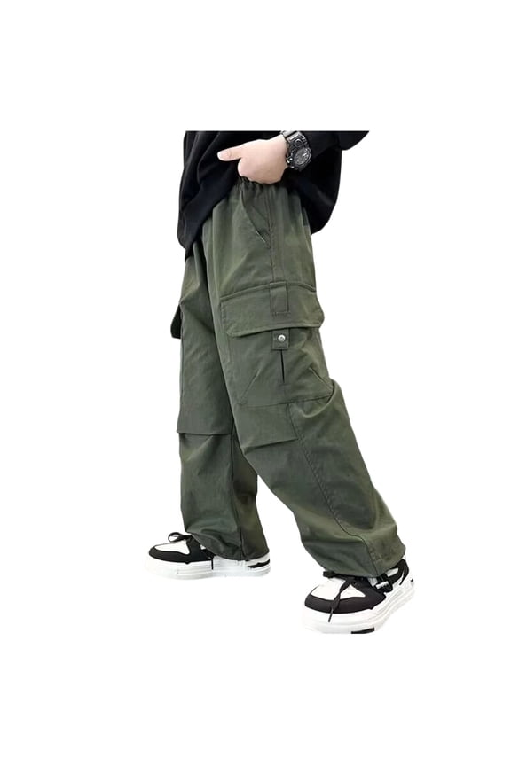 Boys' Cargo Pants Olive Green Elastic Waistband Casual Outdoor Kids Multi-Pocket Loose Fit Streetwear Durable Sizes 5-16 100% Polyester Wrinkle Resistant,Size 14-15 T