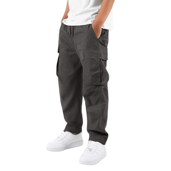 Boys Cargo Pants Pull On Elastic Waist Straight Leg Chino Uniform Pants
