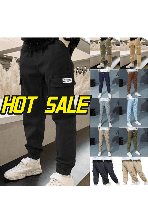 Boys Cargo Pants Size 10-12 Elastic Waist Casual Jogging Trousers Bottom with Pockets Solid Color Lightweight Athletic Joggers Workout Workout Comfy Cargo Pants for Kids Black 10 Years