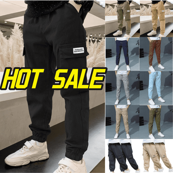 Boys Cargo Pants Size 10-12 Elastic Waist Casual Jogging Trousers Bottom with Pockets Solid Color Lightweight Athletic Joggers Workout Workout Comfy Cargo Pants for Kids Black 10 Years
