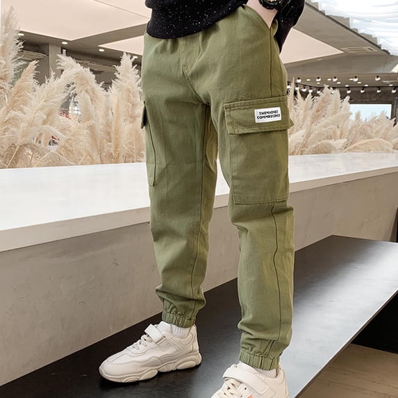 Boys Cargo Pants Size 10-12 Elastic Waist Casual Jogging Trousers Bottom with Pockets Solid Color Lightweight Athletic Joggers Workout Workout Comfy Cargo Pants for Kids Army Green 12 Years