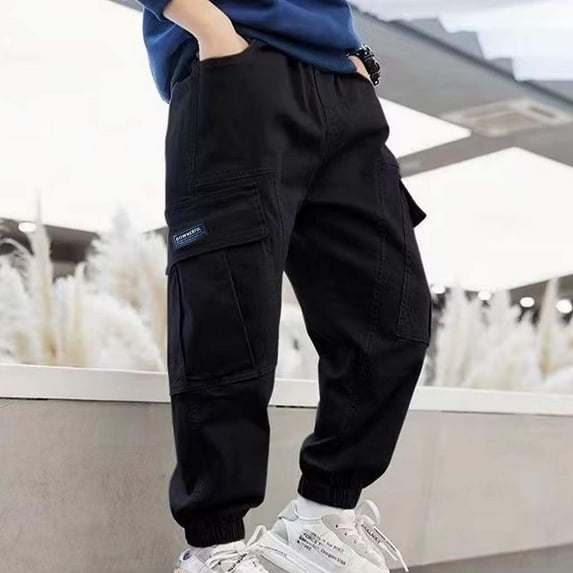 Boys Cargo Pants Size 10-12 Elastic Waist Casual Jogging Trousers Bottom with Pockets Solid Color Lightweight Athletic Joggers Workout Workout Comfy Cargo Pants for Kids Black 13 Years