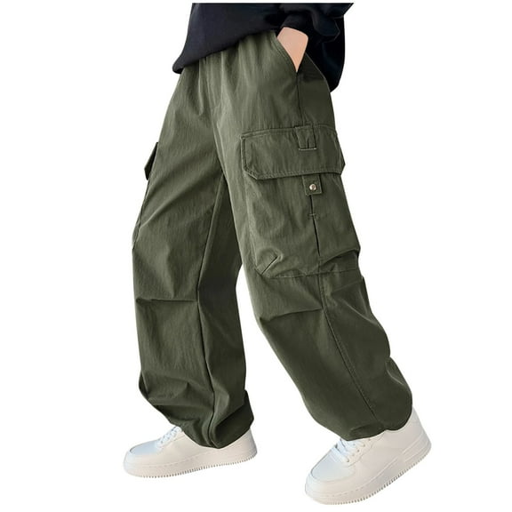 AIEOTT Boys Cargo Pants Teen Kids Drawstring Straight Trousers with Pockets Loose Hip Hop Streetwear Parachute Pants