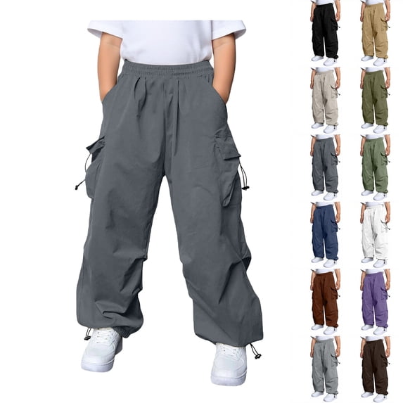 Boys Cargo Pants Unisex Elastic Waist Girl School Pants Streetwear Pants Grey Pants for Girls, Size 5-15 Years