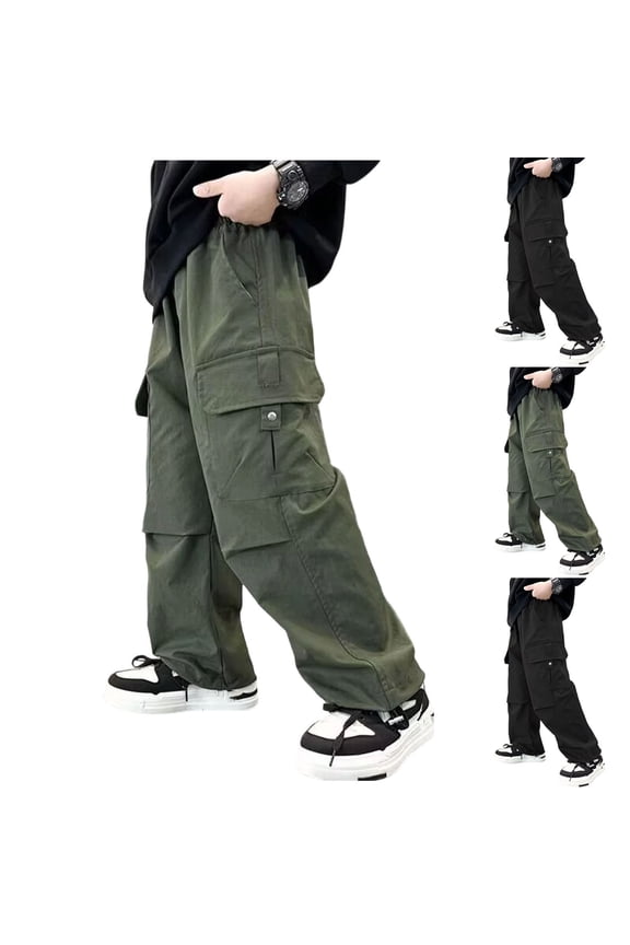 Boys Cargo Pants Wide Leg Trousers Kids Casual Elastic Waist Clothes Fashion Streetwear for School Spring Summer Daily Wear 5-15 Years Black 9-10 Years