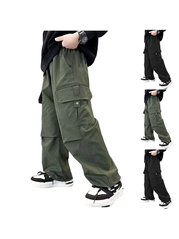 Boys Cargo Pants Wide Leg Trousers Kids Casual Elastic Waist Clothes Fashion Streetwear for School Spring Summer Daily Wear 5-15 Years Green 7-8 Years
