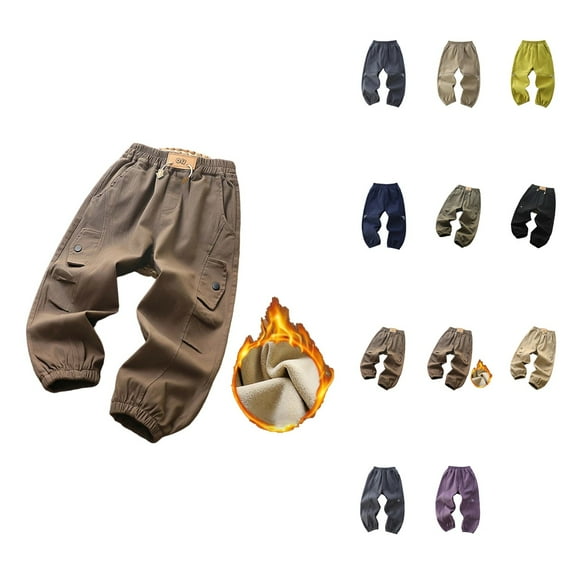 Boys Cargo Pants Winter Fleece Lined Casual Trousers Thickened Warm Workwear Joggers For Kids And Youth Outdoor Play