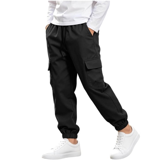 Boys Cargo Pants with Pockets Elastic Waist Drawstring Casual Regular Fit Kids Jogger Pants Black 6-14