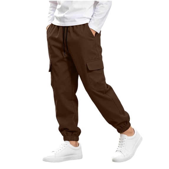 Boys Cargo Pants with Pockets Elastic Waist Drawstring Regular Fit Casual Kids Jogger Pants Brown 14
