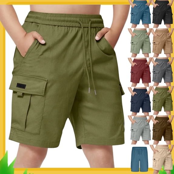 Boys Cargo Shorts 5-15Y, Kids Summer Casual Elastic Waist Shorts with Pockets, Lightweight Breathable Solid Color Hiking Play Shorts for Boys