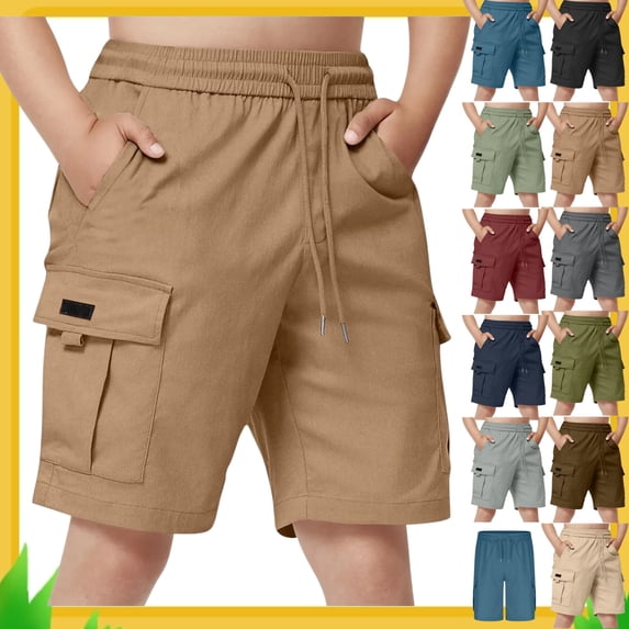 Boys Cargo Shorts 5-15Y, Kids Summer Casual Elastic Waist Shorts with Pockets, Lightweight Breathable Solid Color Hiking Play Shorts for Boys