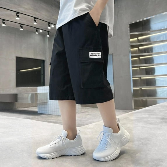 Boys Cargo Shorts Knee Length Wide Leg Bermuda Shorts Summer Casual Solid Elastic Waist Long Short Pants with Pockets