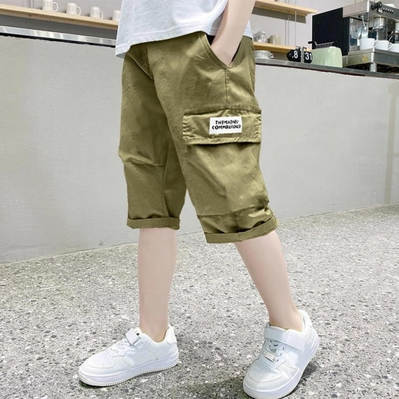 Boys Cargo Shorts Knee Length Wide Leg Bermuda Shorts Summer Casual Solid Elastic Waist Long Short Pants with Pockets