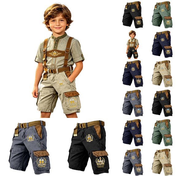 Boys Cargo Shorts with Multi Pockets - Kids Casual Hiking Summer Shorts Elastic Waist Breathable Cotton Blend for Outdoor Activities,Beige,5-6 Years
