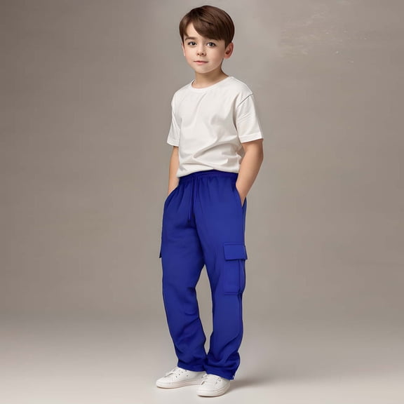 Boys' Cargo Sweatpants, Solid Color Multiple Pocket Workwear Style Casual Pants, Functional and Durable for Outdoor Play, Daily Adventures, and Street Fashion, Comfortable and Roomy Fit - Blue