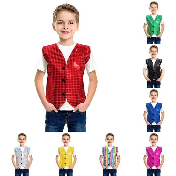 Boys Carnival Vest with Square Patchwork Sequin Applique for Stage Performance and Party Wear