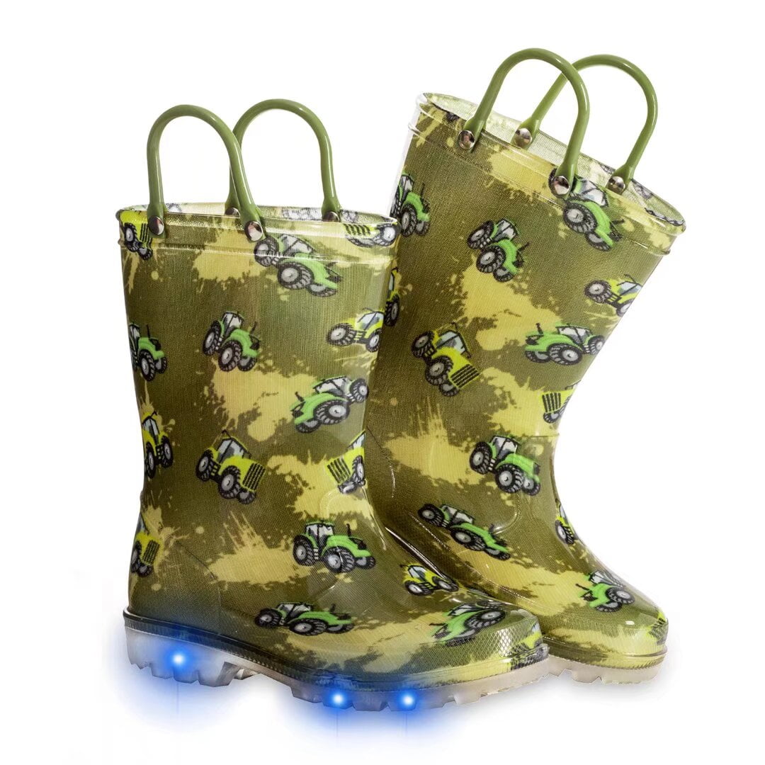 Boys Rain Boots Toddler Kids Light Up Rainboots Waterproof Rain Shoes with Easy On Handles Tractor Big Kid Size 1