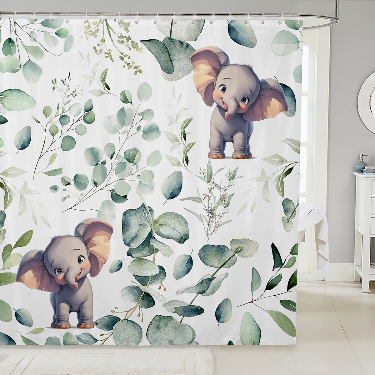 Boys Cartoon Animal Shower Curtain for Kids Kawaii Elephant Bathroom