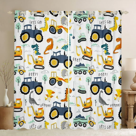 Cartoon Car Curtains for Bedroom, Construction Vehicles Window Curtains, Dinosaur Blackout Curtains, Tractor Machinery Excavator Window Treatments, Trucks Cars Darkening Curtains, 52"X63"