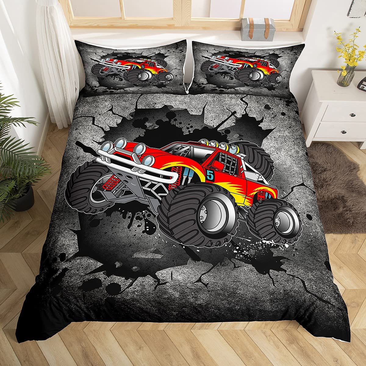 Boys Cartoon Cars Bedding Set Twin Size,Camouflage Truck Duvet Cover