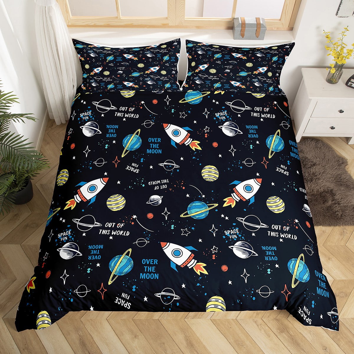Boys Cartoon Comforter Cover Queen Size,Outer Space Rocket