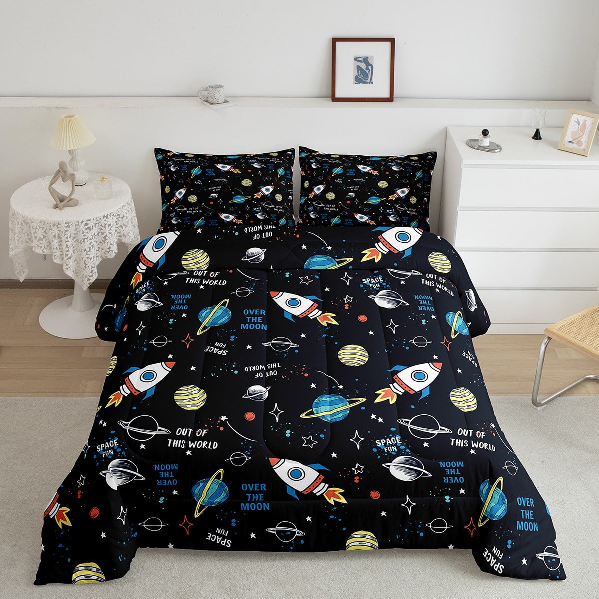 Boys Cartoon Comforter Set Twin Size,Outer Space Rocket Planet Bedding ...