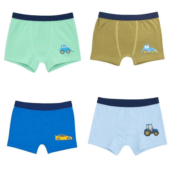 Boys' Cartoon Construction Cotton Boxer Briefs, Assorted Colors (4-Pack), 7-8 Years Old