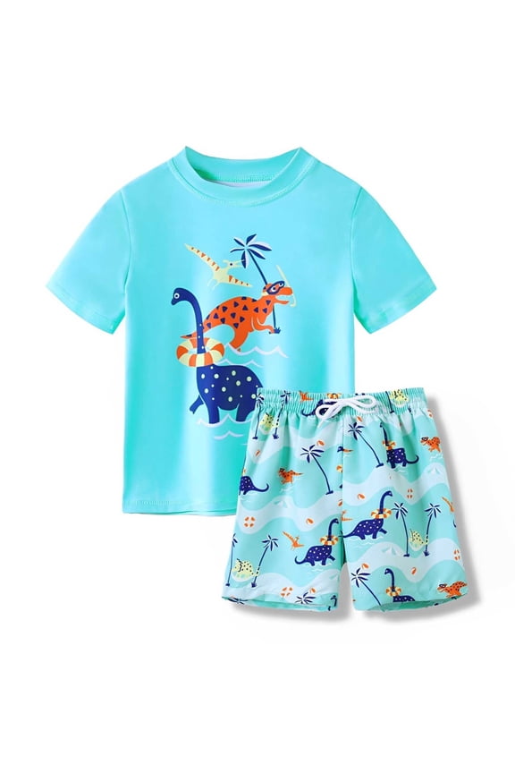 Boys' Cartoon Dinosaur 2 Piece Swimsuit Set Quck Dry Rash Guard Swim Trunks Beach Pool For Kids,Little Boys Size 6-7T,Blue