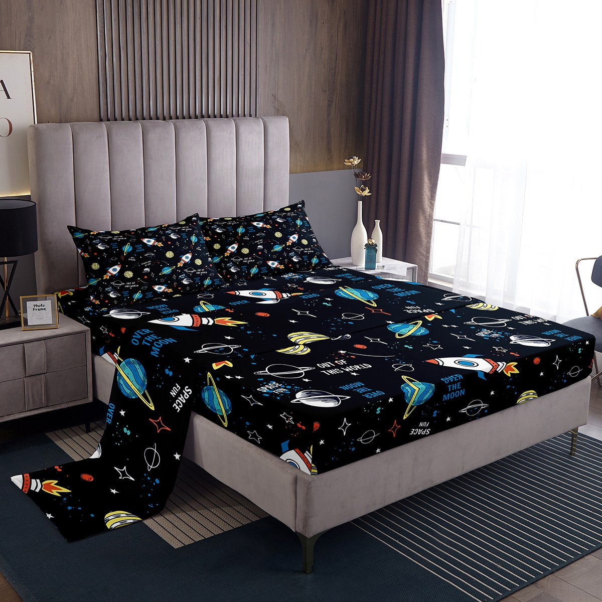 Boys Cartoon Sheets Twin Size,Outer Space Rocket Planet Bed Sheets Set ...