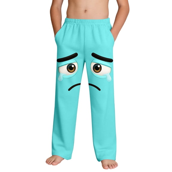 Boys Cartoon Sweatpants Green Funny Sad Face Print Kids Lounge Pants with Pockets Soft Comfortable for Sleeping Casual Elastic Waist 4-14 Years,Size 9 T