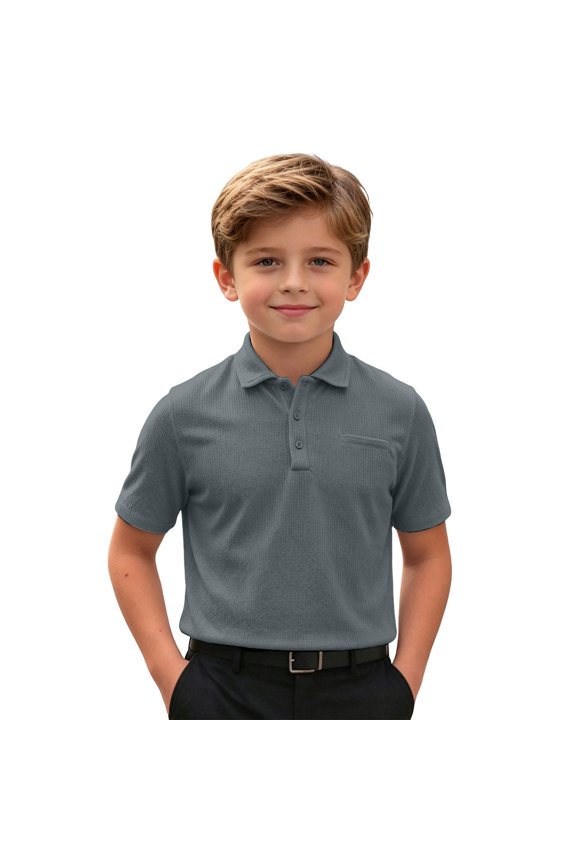 Boys Casual Button Down Short Sleeve Polo Shirt Summer Waffle Knit Ice Silk Collared Top with Pocket, Breathable School Uniform Everyday Wear for Kids(Light Gray,11-12 Years)