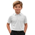 thumbnail image 1 of Boys Casual Button Down Short Sleeve Polo Shirt Summer Waffle Knit Ice Silk Collared Top with Pocket, Breathable School Uniform Everyday Wear for Kids(White,3-4 Years), 1 of 4