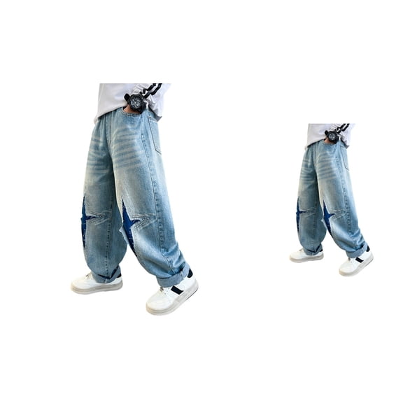 Boys Casual Cargo Denim Jeans, Y2k Vintage Fashion Wide Leg Loose Fit Baggy Trousers with Multiple Pockets, Elastic Waist Streetwear Pants