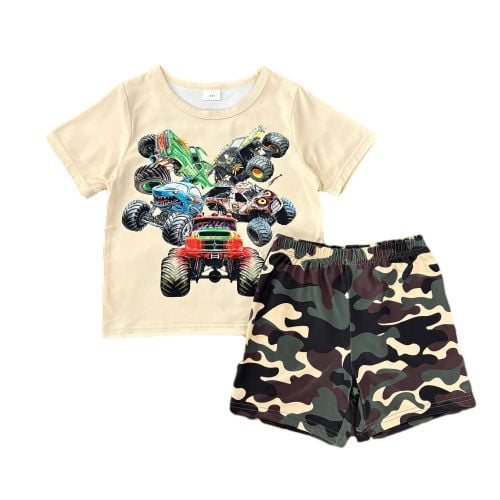 Boys' Casual Clothes Cool Truck Graphic Short Sleeve Tee and Camouflage Shorts Set 2Pcs Summer Outfit