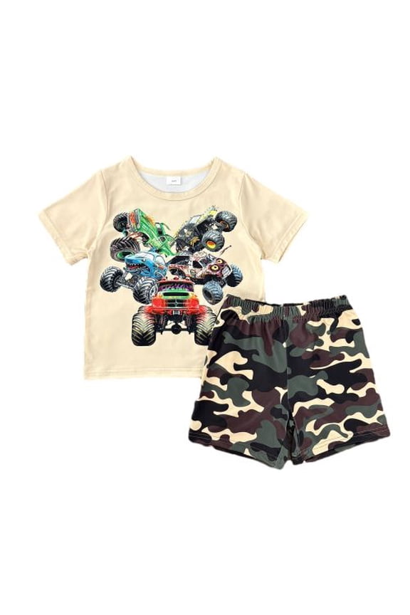 Boys' Casual Clothes Cool Truck Graphic Short Sleeve Tee and Camouflage Shorts Set 2Pcs Summer Outfit