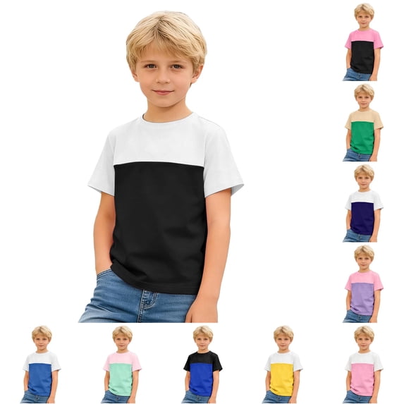 Boys Casual Contrast Short Sleeve Tee Shirt For Kids Comfortable Soft Top With Design Kids Loose Fit Basic Tees