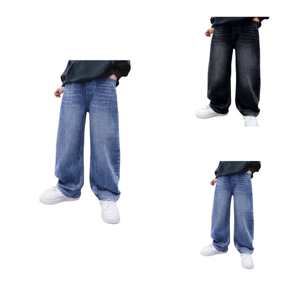 Boys Casual Denim Trousers with Elastic Waistband, Loose Straight Leg Cargo Pants, Comfortable Baggy Streetwear with Pockets