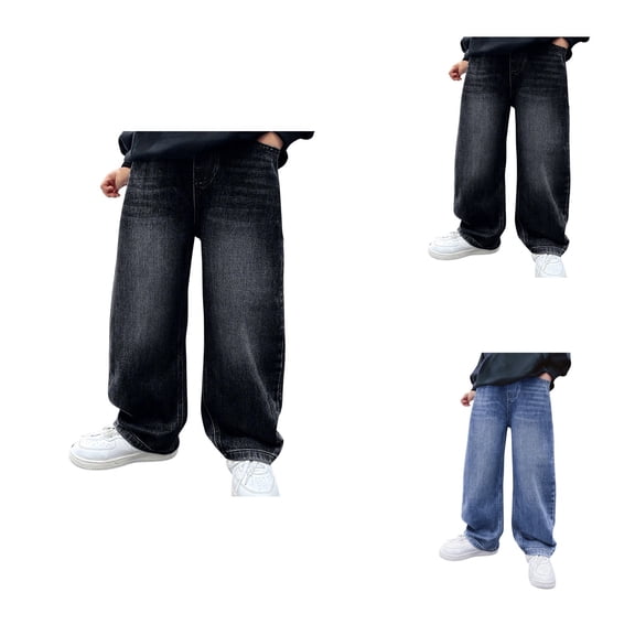 Boys Casual Denim Trousers with Elastic Waistband, Loose Straight Leg Cargo Pants, Comfortable Baggy Streetwear with Pockets