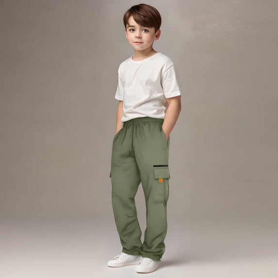 Versatile Boys Casual Jogger Pants with -Pocket Design Elastic Warm -Lined Outdoor Sweatpants for Kids, Army Green, 7-8 Years