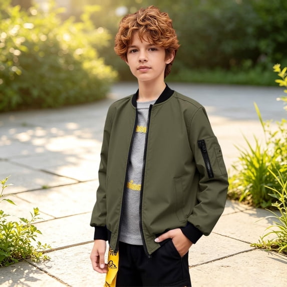 Boys Casual Lightweight Bomber Jackets Zipper Up Windproof Coat for Fall Winter Spring Outdoor Wearing (GN2)