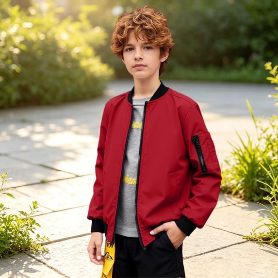 Boys Casual Lightweight Bomber Jackets Zipper Up Windproof Coat for Fall Winter Spring Outdoor Wearing (Red)