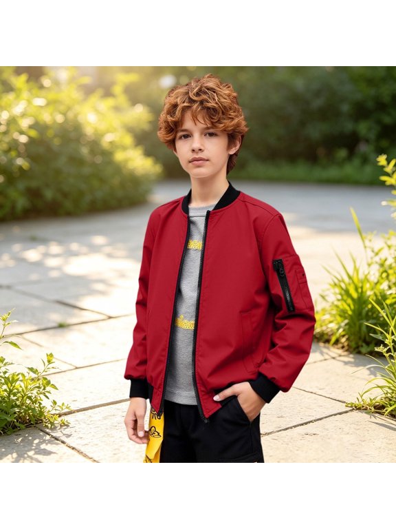 Boys Casual Lightweight Bomber Jackets Zipper Up Windproof Coat for Fall Winter Spring Outdoor Wearing (Red)