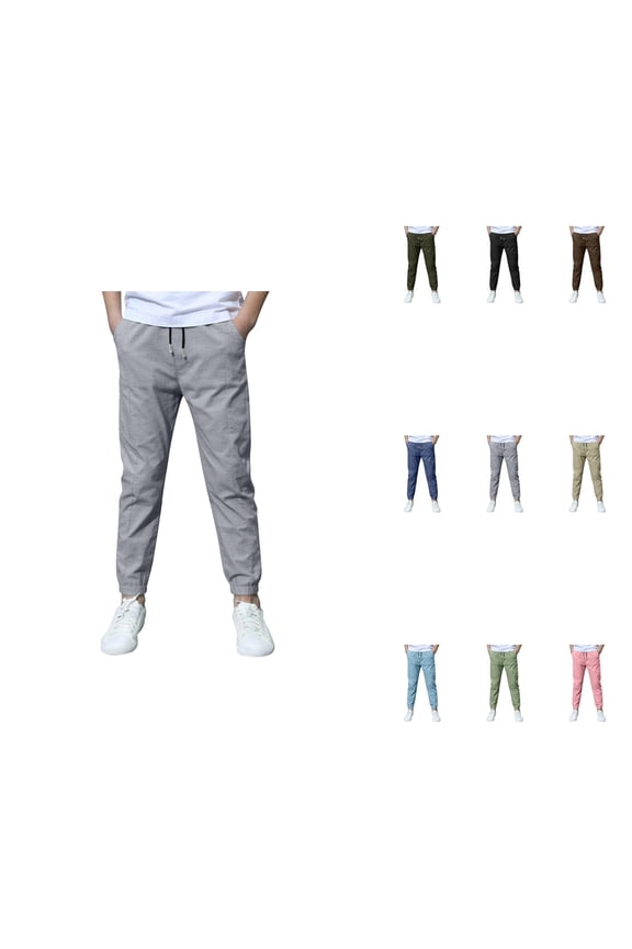 Boys Casual Linen Jogger Pants, Lightweight Stretch Cargo with Drawstring Elastic Waist for Everyday Comfortable Loose Fit Spring Summer Outdoor Hiking Wear