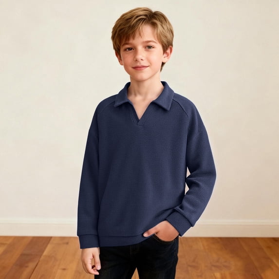 Boys' Casual Long Sleeve Pullover Top with Lapel Collar for Daily Wear and Play