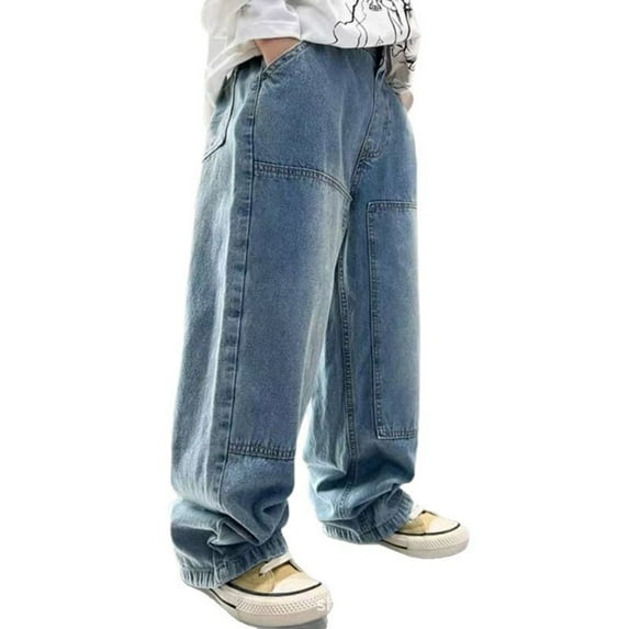 Boys Casual Pants Cargo Jeans Wide Leg Straight Fit Comfortable Trousers For Kids Autumn Spring Daily Wear Loose Elastic Waist