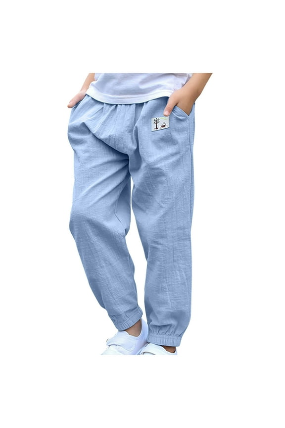 Boys Casual Pants Cotton Trendy Spring Summer Clothes Pockets Elastic Bottoms Kids Lightweight Tousers (9 Years, Light Blue)