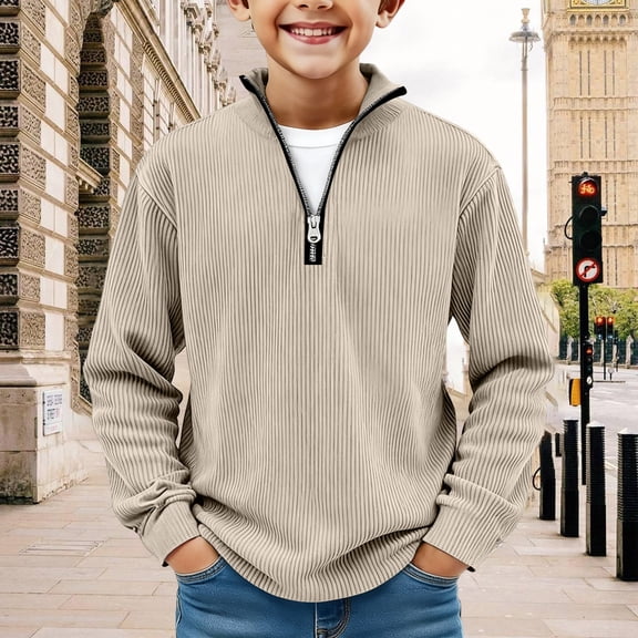 Boys Casual Polo Sweatshirt Quarter Zip Pullover Soft Corduroy Long Sleeve Waffle Knit Mock Neck Warm Top Beige 120