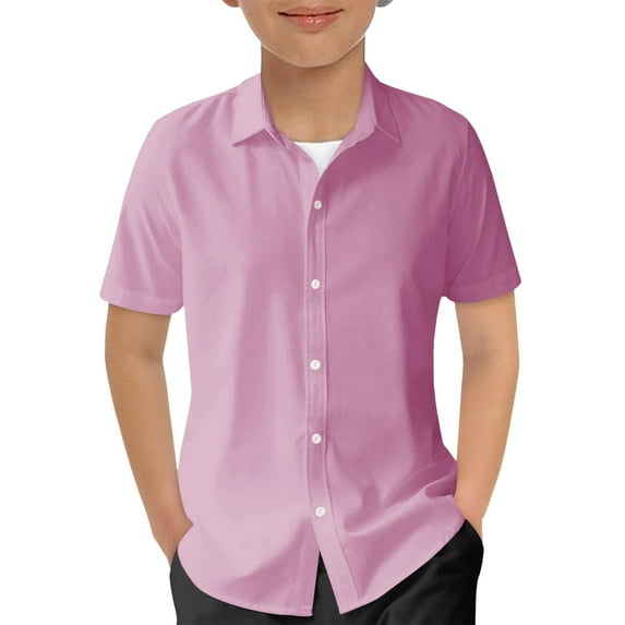 Boys Casual Short Sleeve Button Down Lapel Shirt Fashion Textured Summer Beach Shirt 5-14 Years Old,Color:Pink,11-12 Years